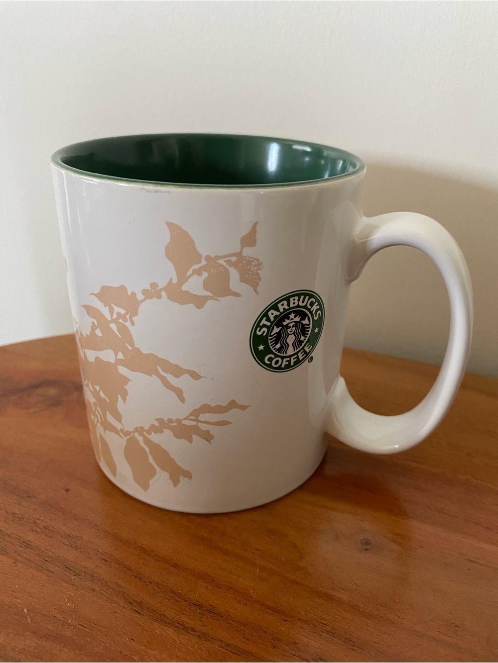 Starbucks White Mug with Green Interior and Beige Botanical Accent